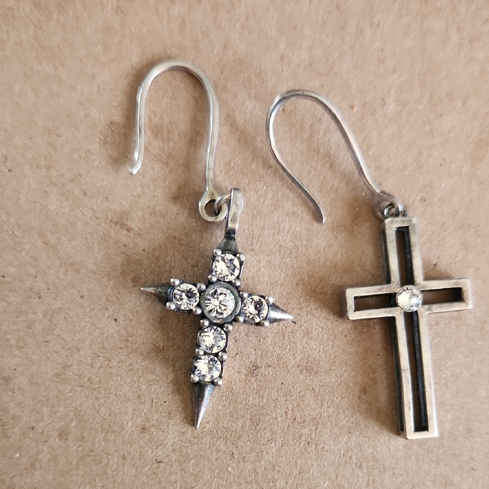 Yves Saint Laurent Asymetrical Oxidized Silver Tone Cross Drop Earrings - Picture 8 of 9